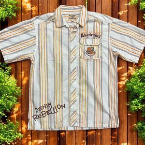 Akademiks Vintage Y2K Striped White Orange Brown Button Front Shirt Mens XL